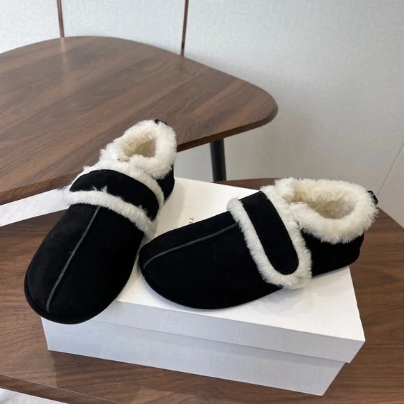 The Row Black Slippers with Cream Fur